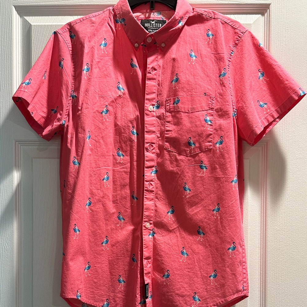 Hollister Men's Bright Pink Shirt with Flamingo Design